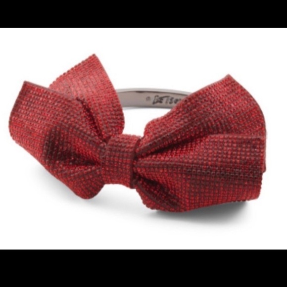 BETSEY JOHNSON Christmas Holiday Red Sparkling Bow Hematite Hinged Bracelet NWT - Picture 6 of 6
